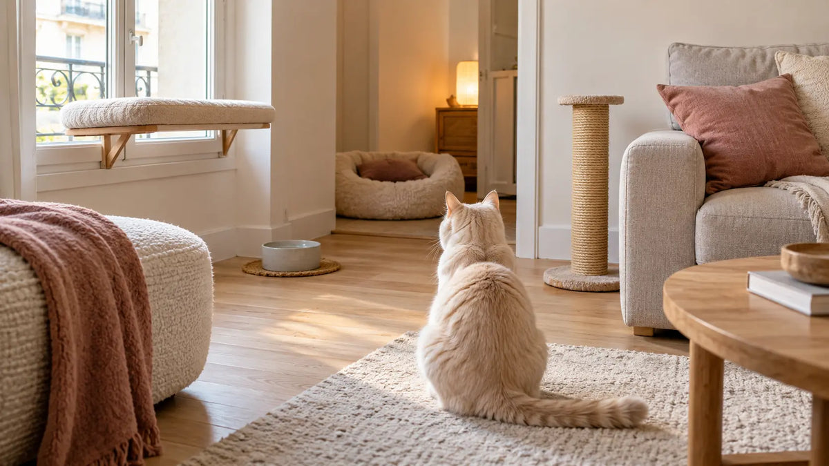 Chat vu de dos dans un salon avec espaces de repos, de griffage et point d’eau distincts.