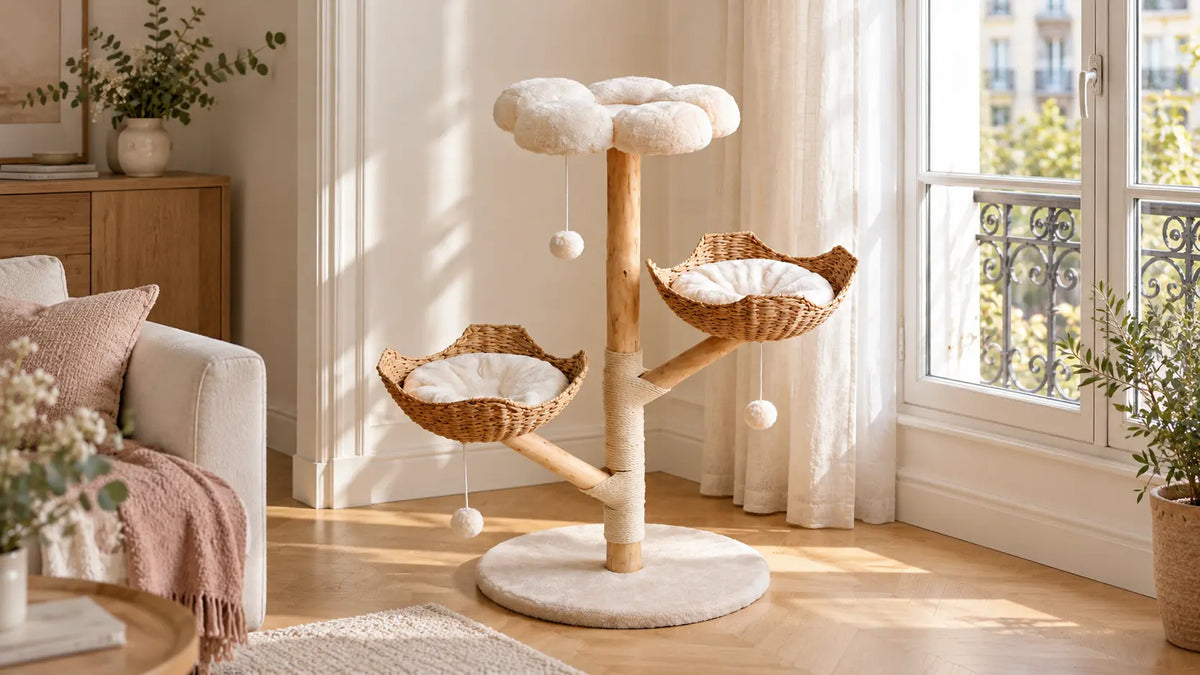 Arbre à chat en bois et paniers tressés placé près d’une fenêtre, avec un passage dégagé.