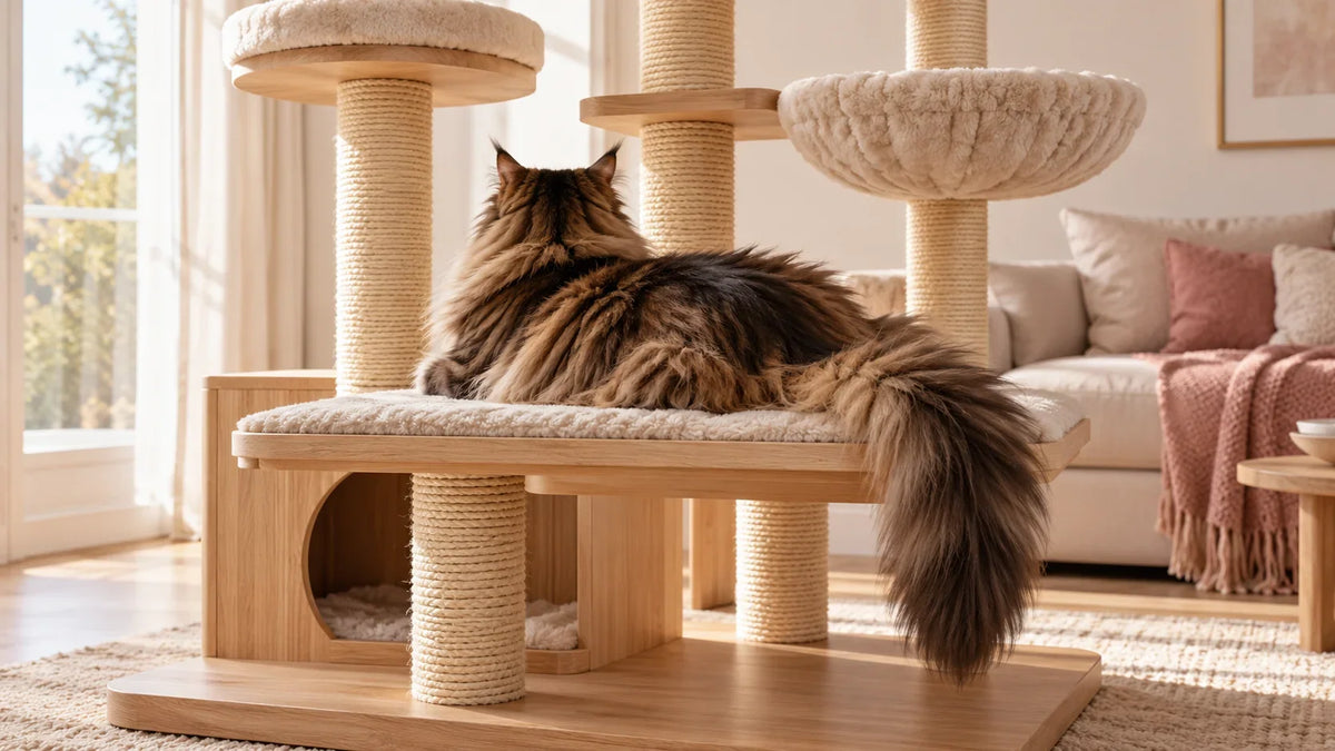 Grand chat vu de dos allongé sur une large plateforme d’un arbre en bois et sisal.
