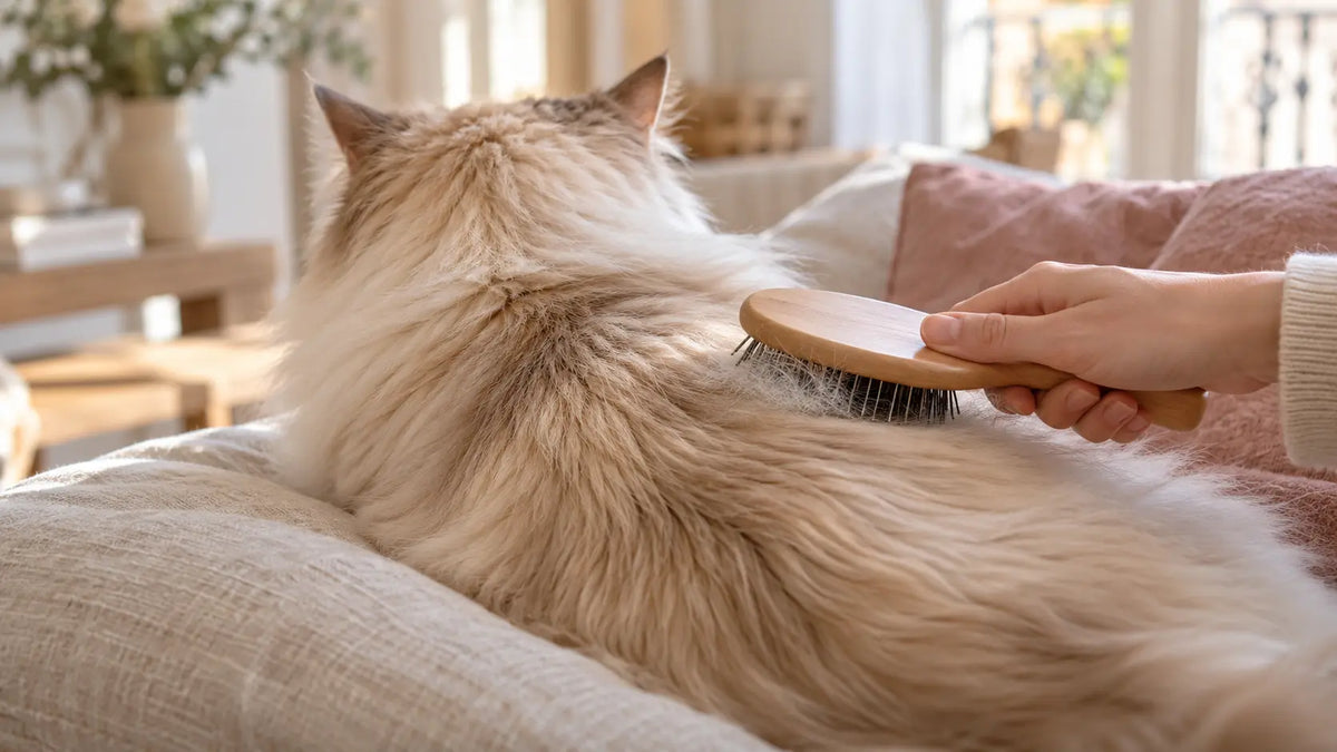 Main passant doucement une brosse sur le dos d’un chat à poils longs, dont le visage est hors champ.