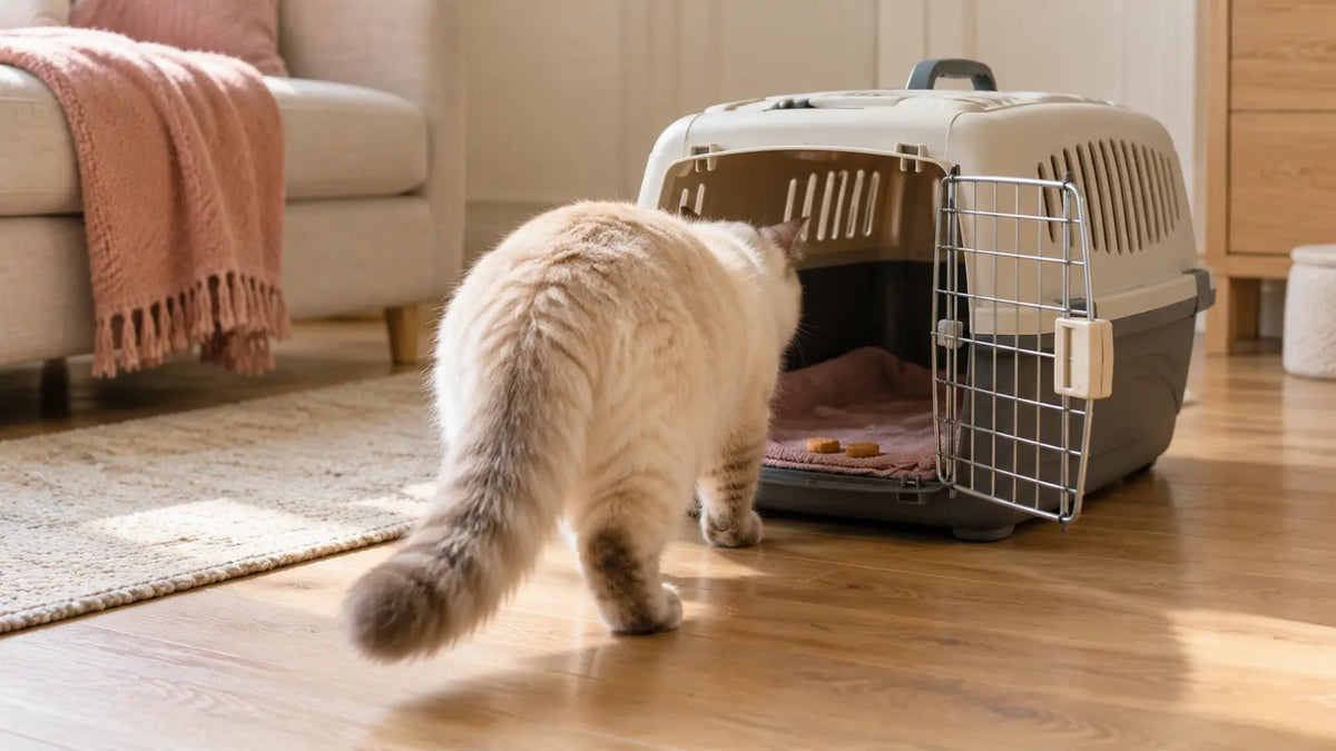Chat vu de dos approchant une caisse de transport ouverte contenant un plaid.