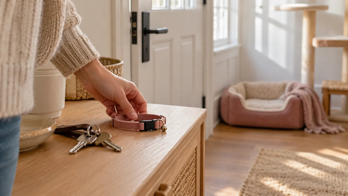 Collier pour chat et clés près d’une entrée, avec un couchage vide en arrière-plan.