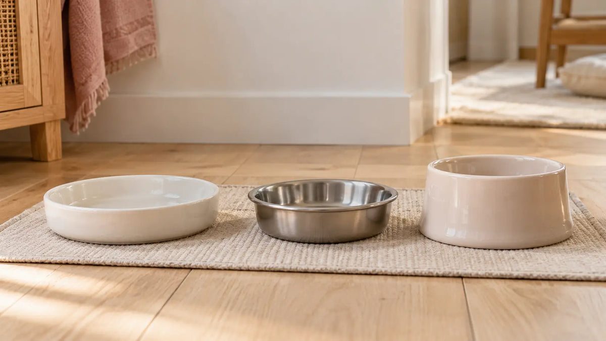 Trois gamelles pour chat de formes et matières différentes, dont une assiette creuse en céramique et une écuelle en inox.