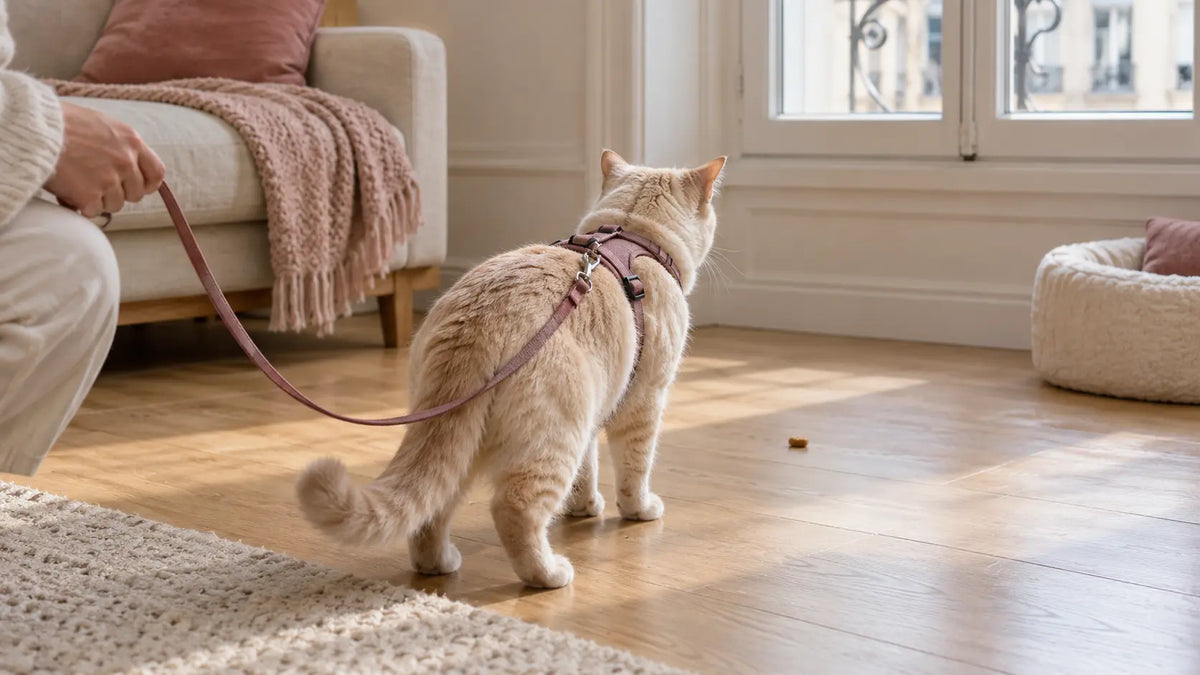 Chat vu de dos portant un harnais dans un intérieur calme, avec une laisse détendue.