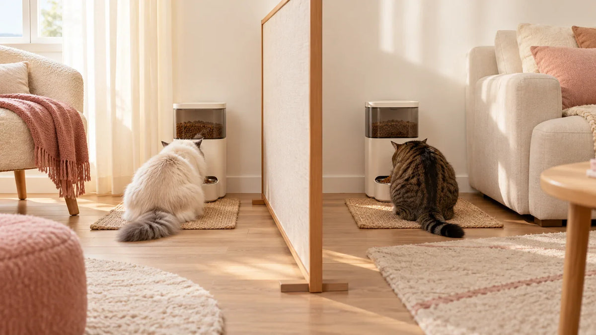 Deux chats vus de dos devant des distributeurs séparés par une cloison visuelle.