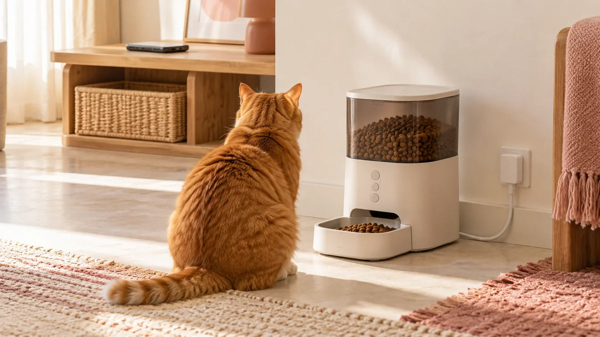 Chat roux vu de dos devant un distributeur de croquettes à commandes physiques.