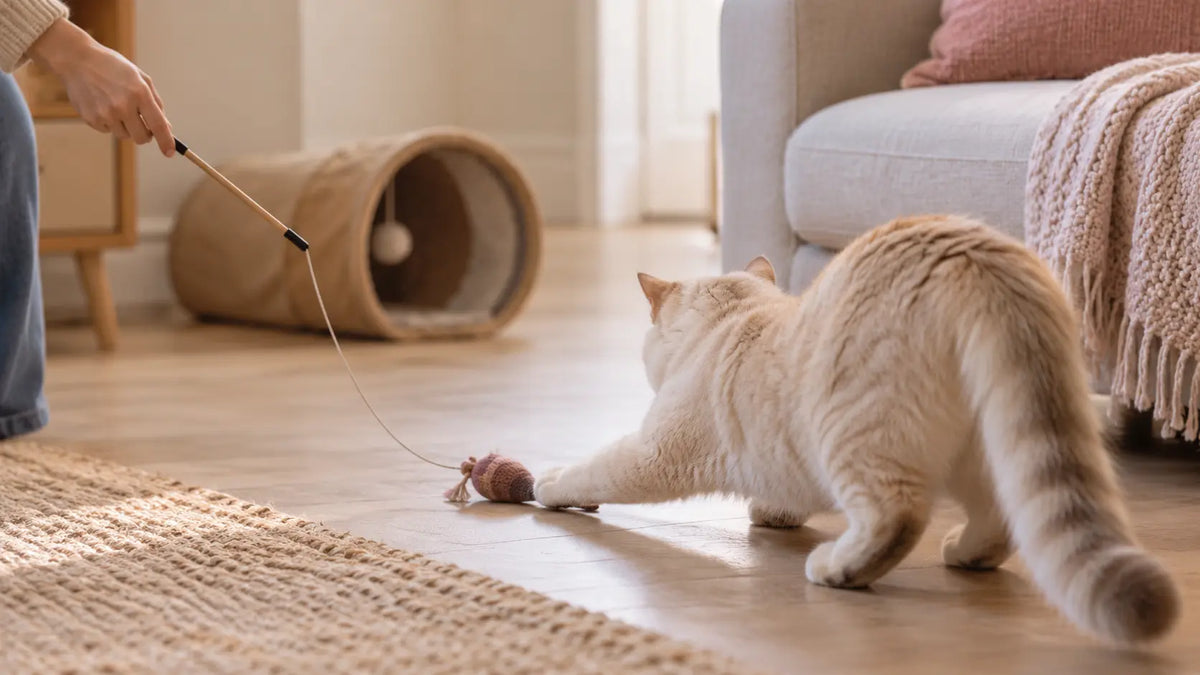 Chat vu de dos jouant avec une canne à jouet tenue par une main hors champ.