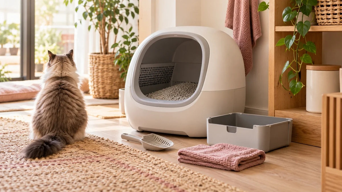 Litière automatique, tiroir amovible et accessoires d’entretien, avec un chat vu de dos.