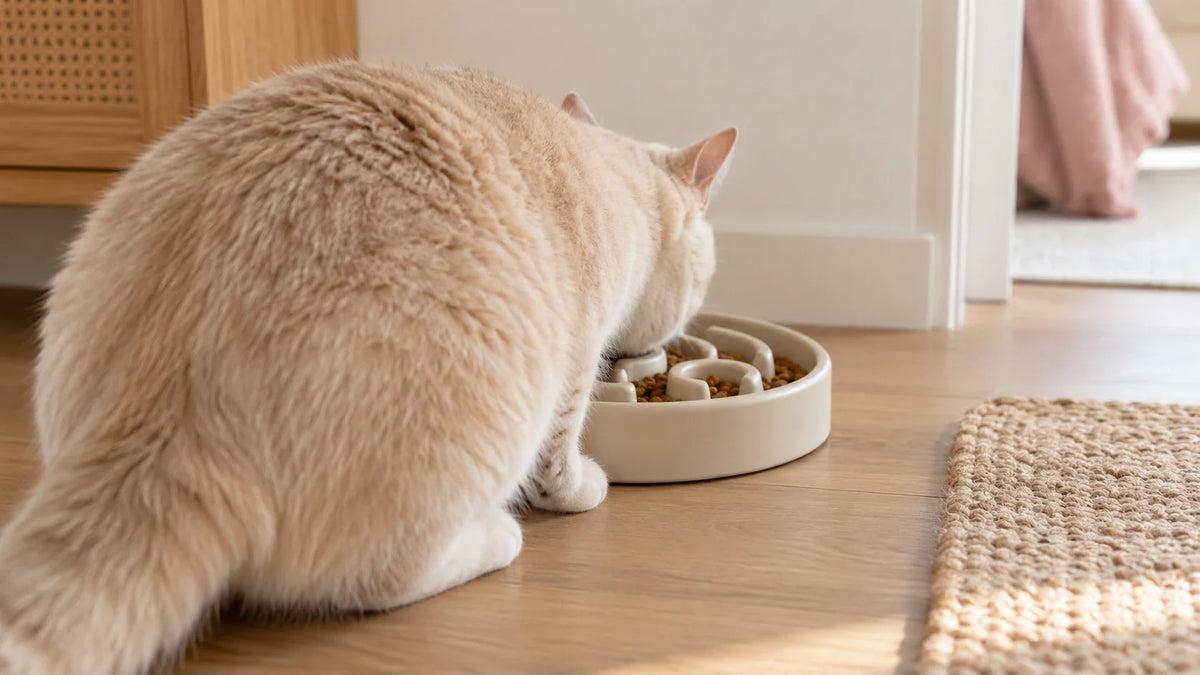 Chat vu de dos devant une gamelle à reliefs contenant des croquettes.