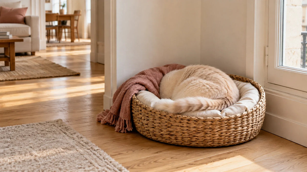 Chat recroquevillé dans un panier près d’une fenêtre, le visage entièrement caché sous un plaid.