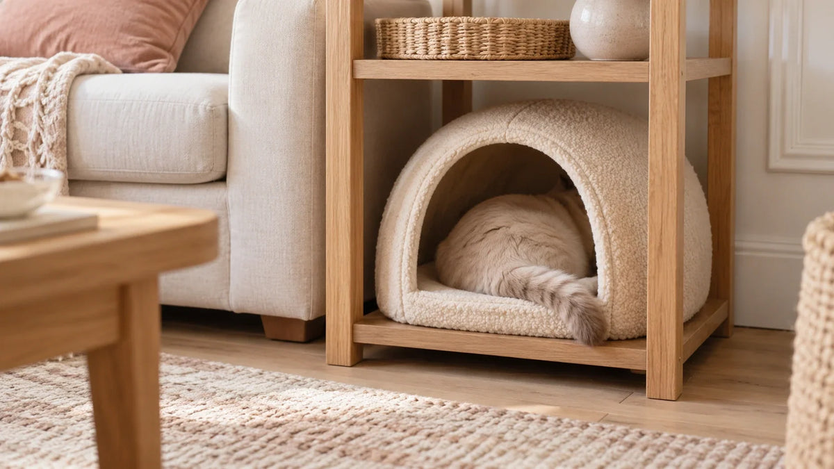 Chat au repos dans un couchage abrité sous une table basse en bois, avec une entrée libre.