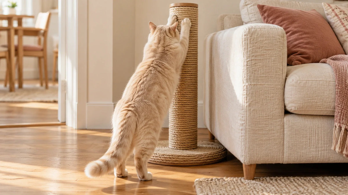 Chat vu de dos utilisant un griffoir en sisal placé à côté d’un canapé.