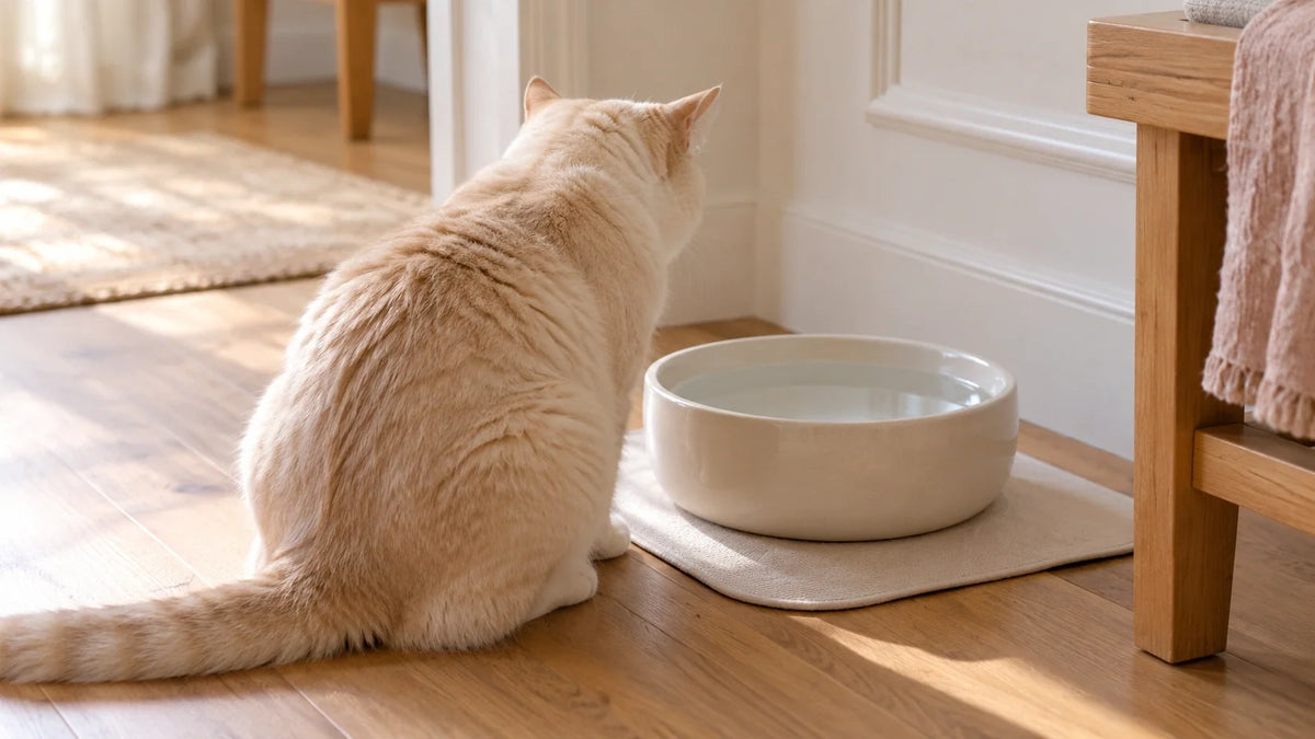 Chat vu de dos près d’une large gamelle d’eau dans un coin séparé des repas.