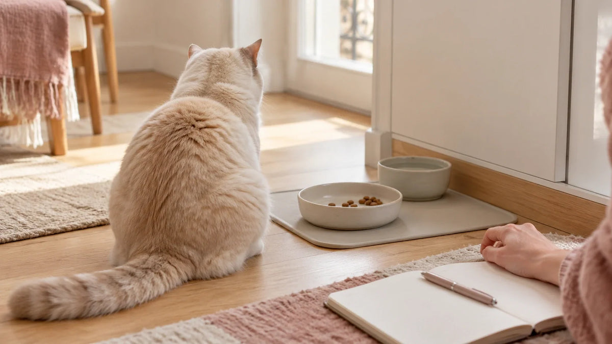 Chat vu de dos près d’une gamelle après le repas, avec un carnet et un stylo à proximité.