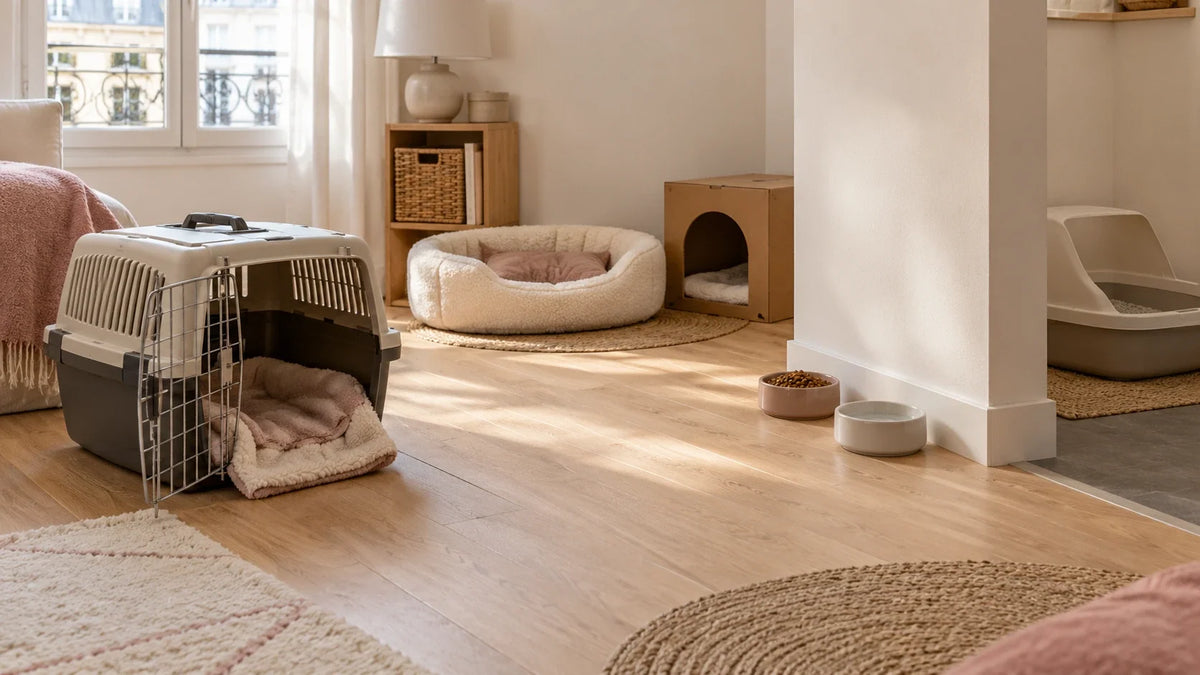 Pièce préparée pour l’arrivée d’un chat, avec caisse ouverte, cachette, couchage et ressources séparées.