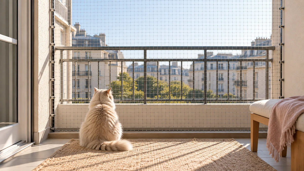 Chat vu de dos au sol sur un balcon entièrement fermé par un filet de protection.