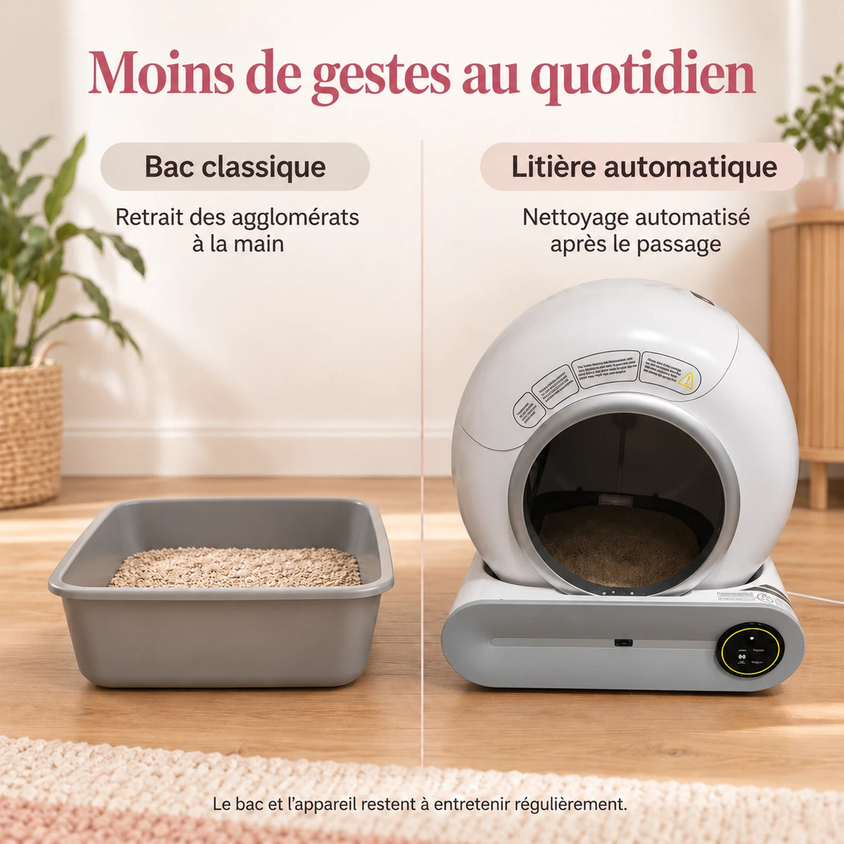 Comparaison entre un bac à litière classique et le nettoyage automatisé de la litière connectée.