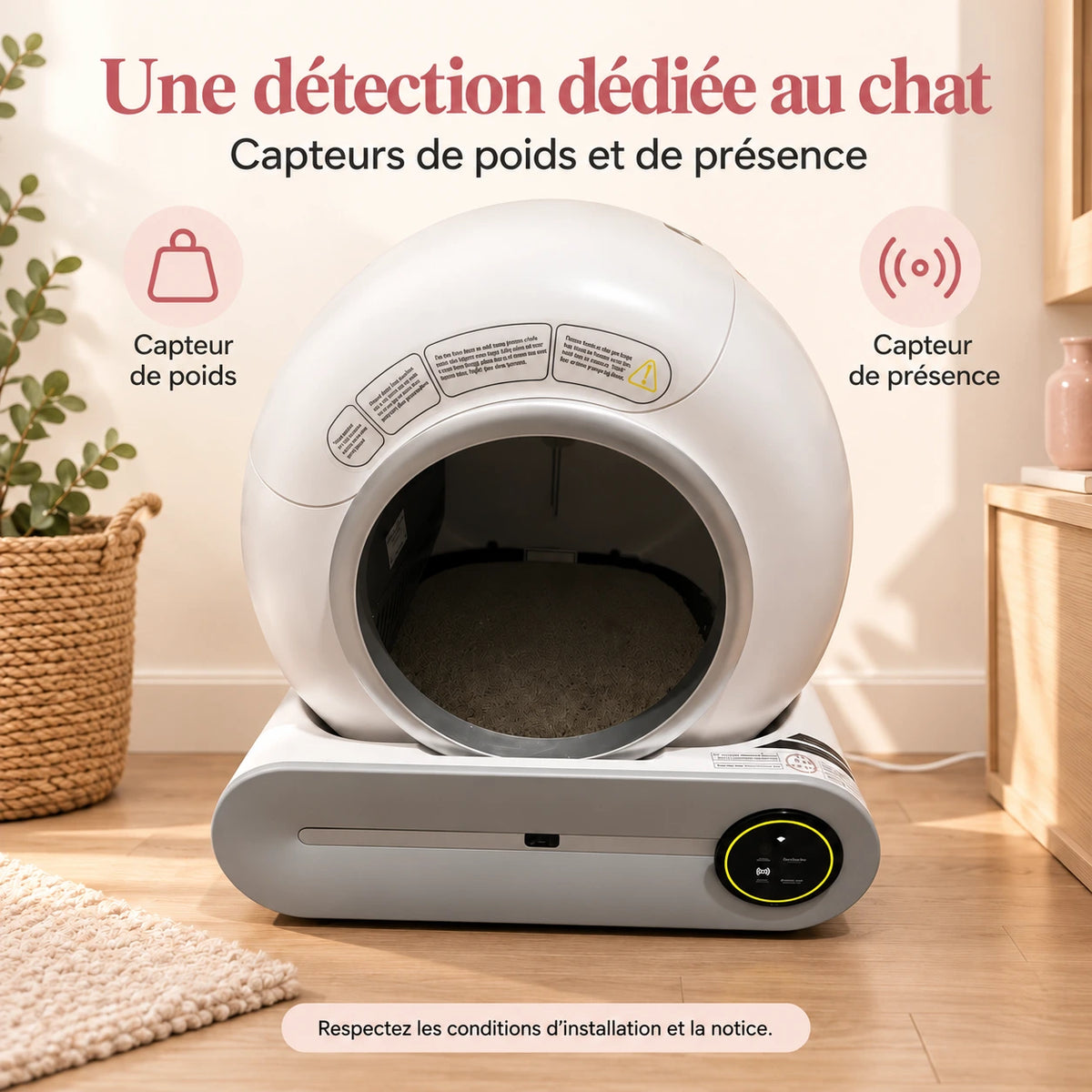 Présentation des capteurs de poids et de présence de la litière automatique.