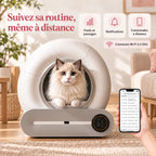 Chat dans la litière connectée et historique des passages et du poids sur l’application mobile.