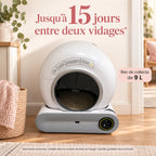 Présentation du bac de collecte de 9 L et de l’autonomie annoncée jusqu’à 15 jours.