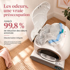 Compartiment ouvert de la litière automatique et présentation de la désodorisation intégrée.