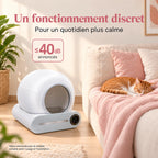 Chat roux endormi sur un canapé près de la litière automatique au fonctionnement discret.