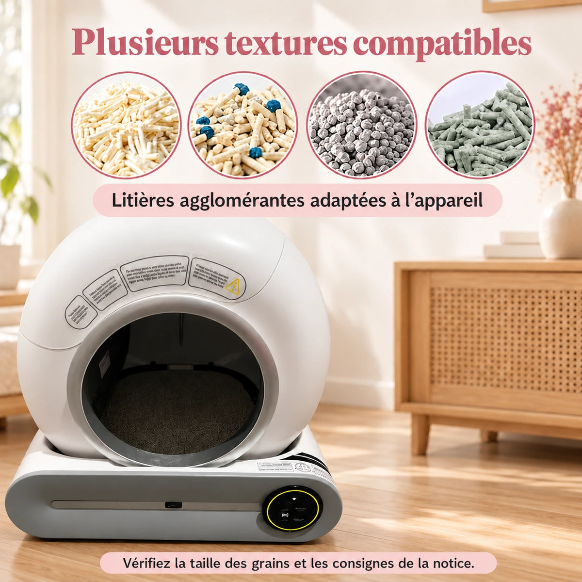 Quatre aperçus de textures de litières agglomérantes avec la litière automatique.