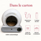 Contenu présenté du carton : litière automatique, adaptateur secteur, rouleau de sacs et guides.