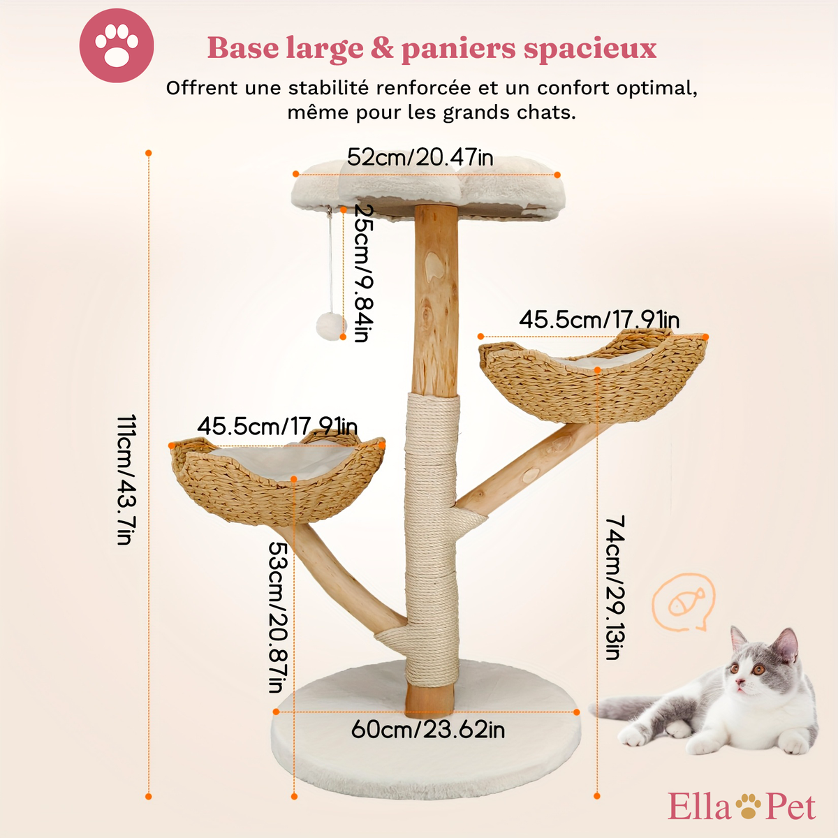 Dimensions de l'arbre à chat design 111 cm 