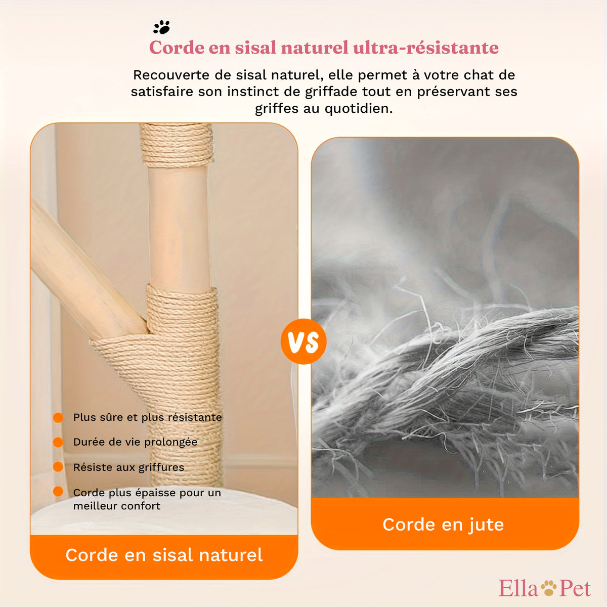 Gros plan sur la corde en sisal naturel du griffoir de l'arbre à chat