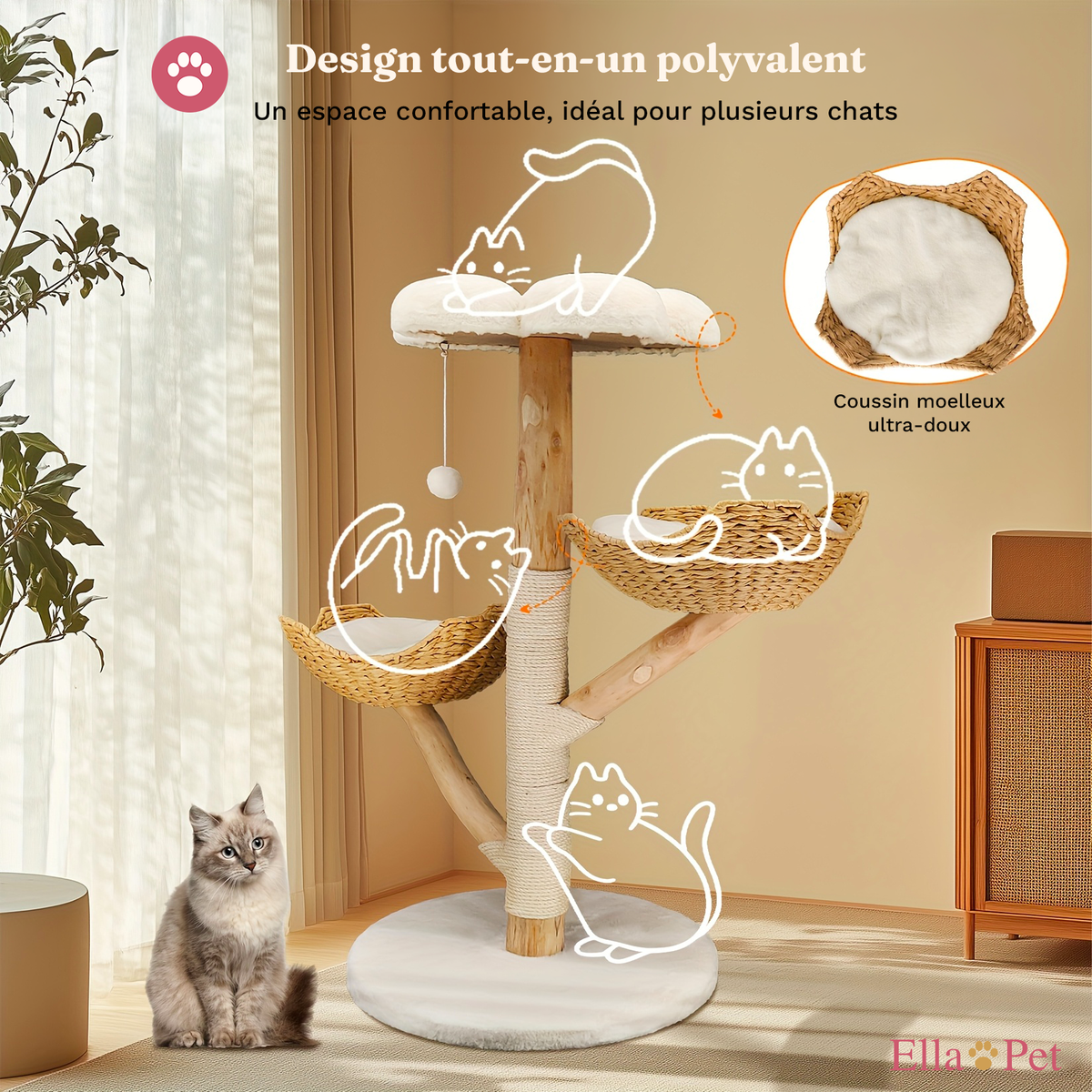 Arbre à chat tout-en-un avec perchoirs, paniers et griffoirs