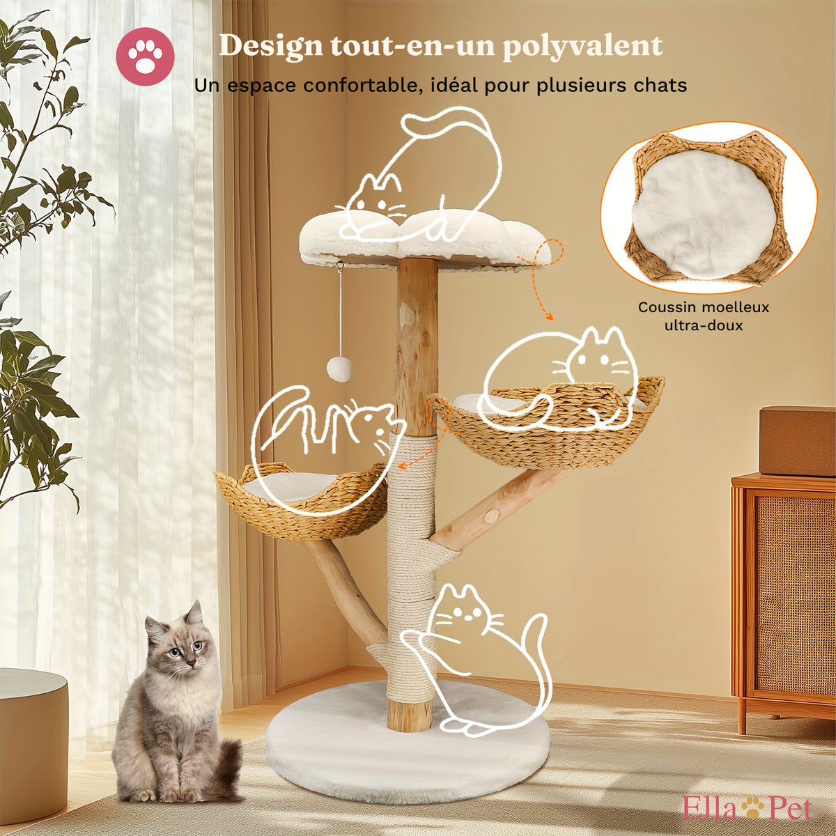 Arbre à chat tout-en-un avec perchoirs, paniers et griffoirs