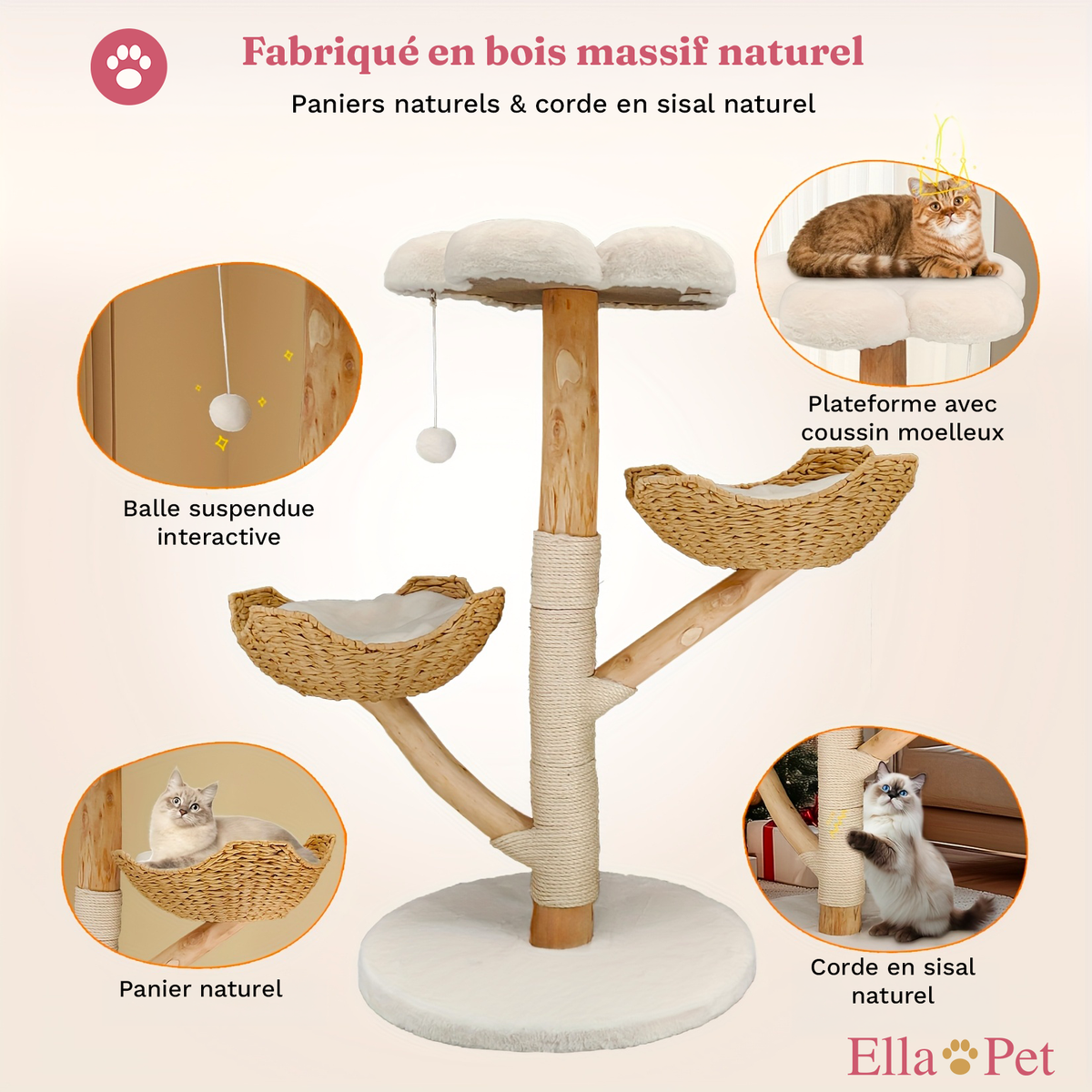 Arbre à chat design fabriqué en bois naturel massif