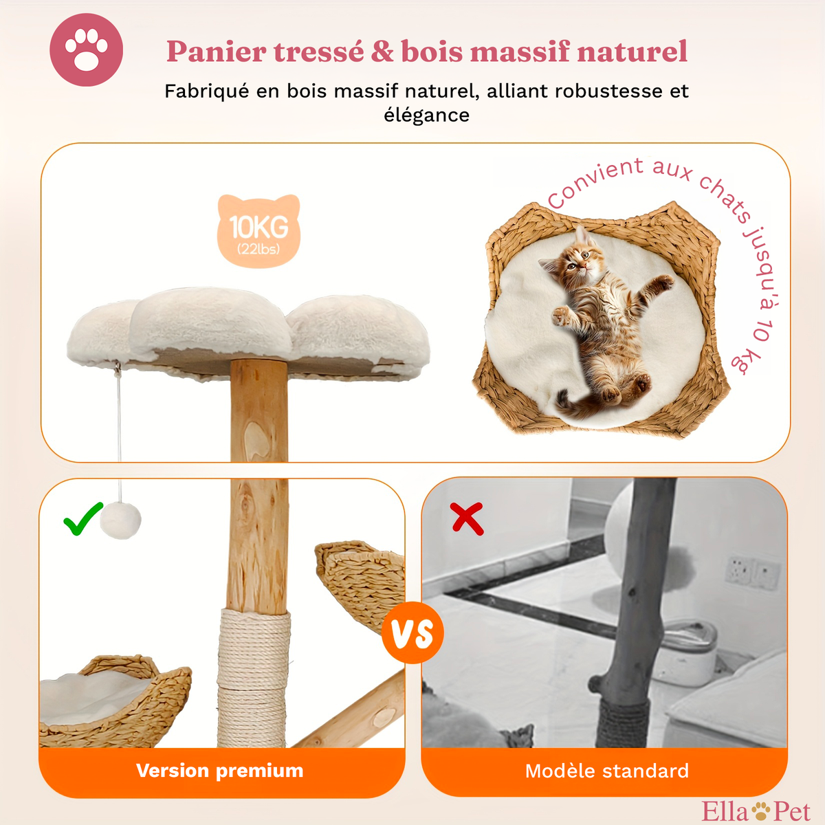 Chat installé dans le panier tressé de l'arbre à chat