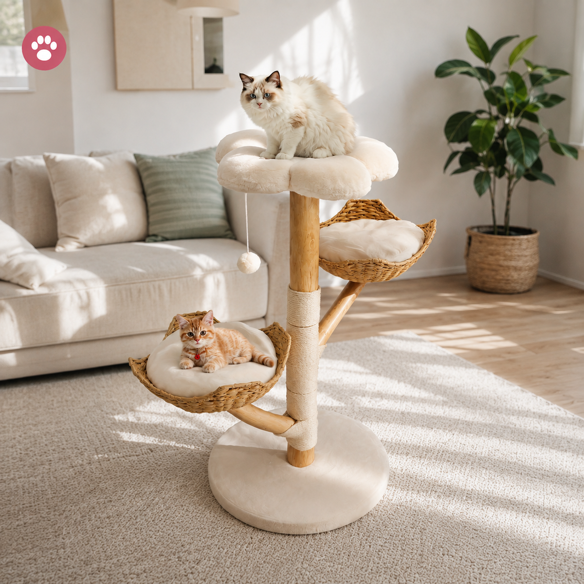 Deux chats installés sur l'arbre à chat design en bois 111 cm