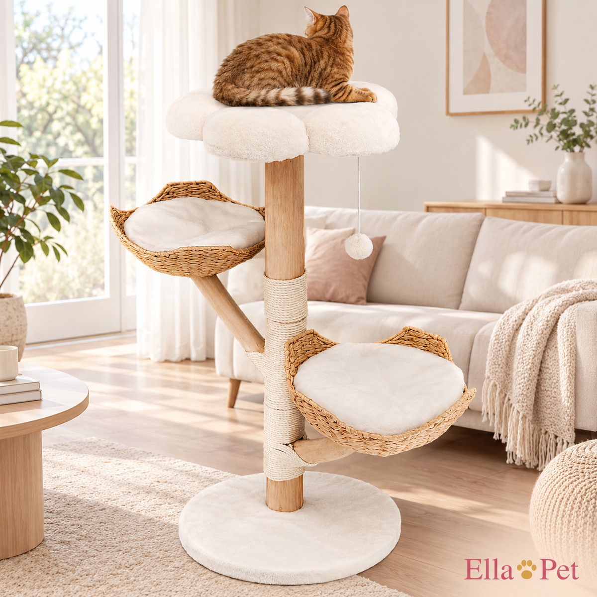 Chat installé sur le perchoir de l'arbre à chat design en bois
