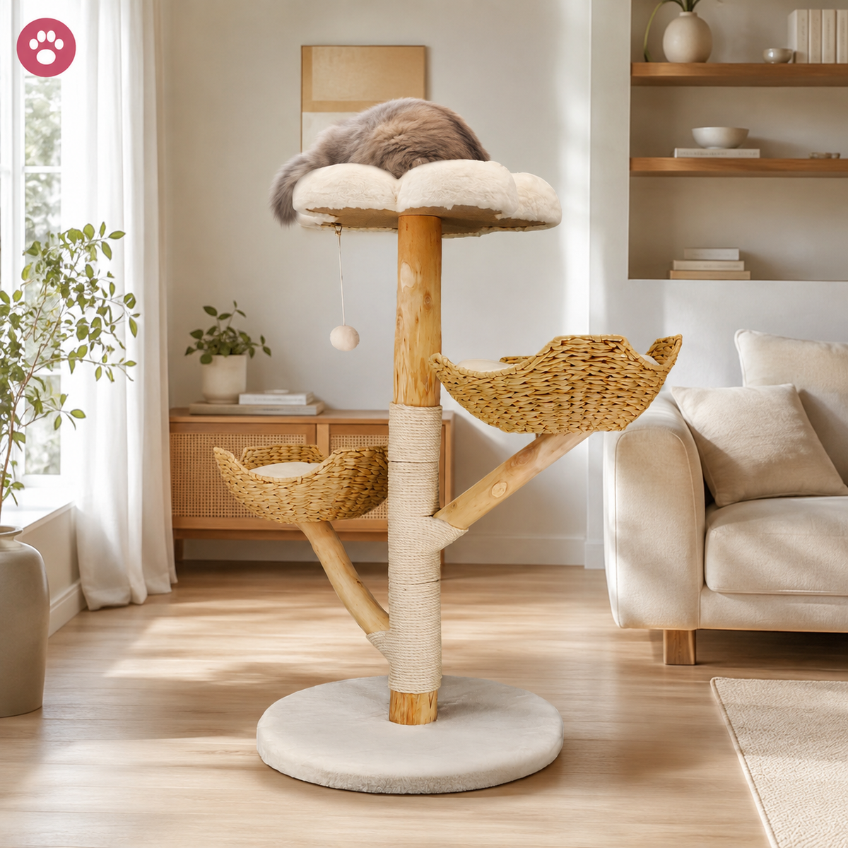 Arbre à chat design en bois s'intégrant dans un intérieur chaleureux