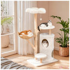 Arbre à chat design 142 cm en bois naturel avec niche et panier