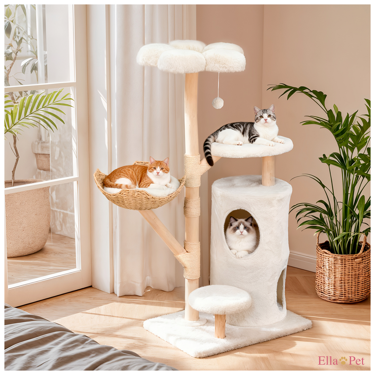 Arbre à chat design 142 cm en bois naturel avec niche et panier