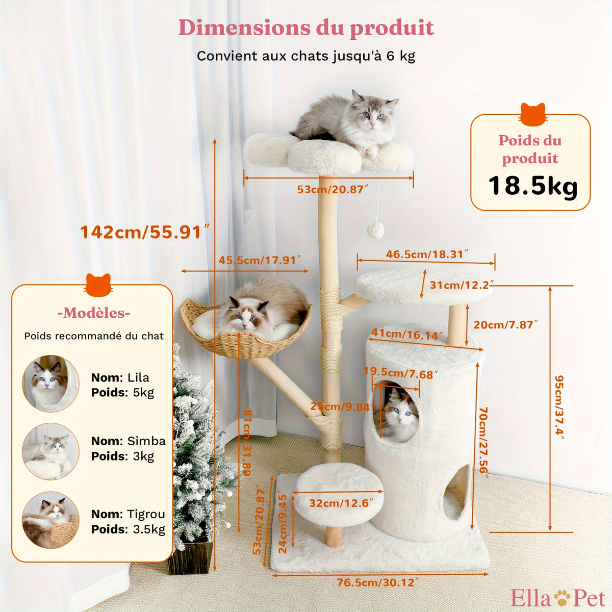 Schéma des dimensions de l'arbre à chat design 142 cm