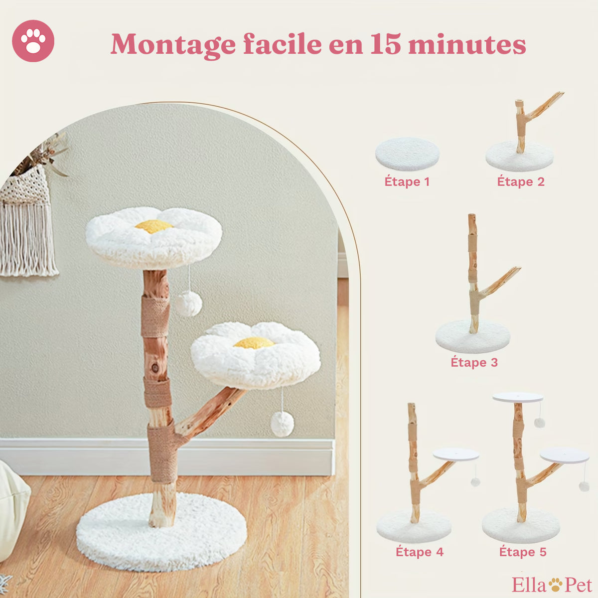 Montage de l'arbre à chat floral en environ 15 minutes, outils et notice fournis