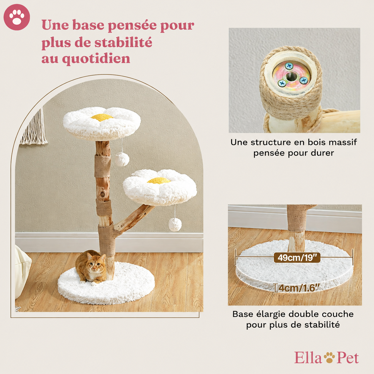 Arbre à Chat Design Floral en Bois Massif avec Griffoirs et Perchoirs
