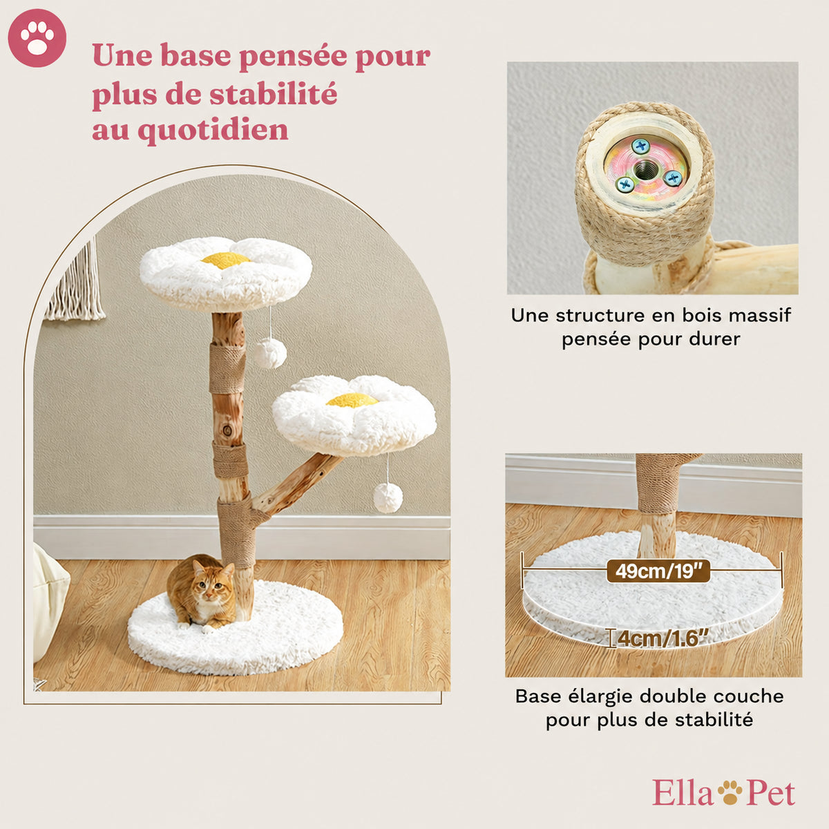 Base double couche de l'arbre à chat floral, conçue pour améliorer la stabilité au sol