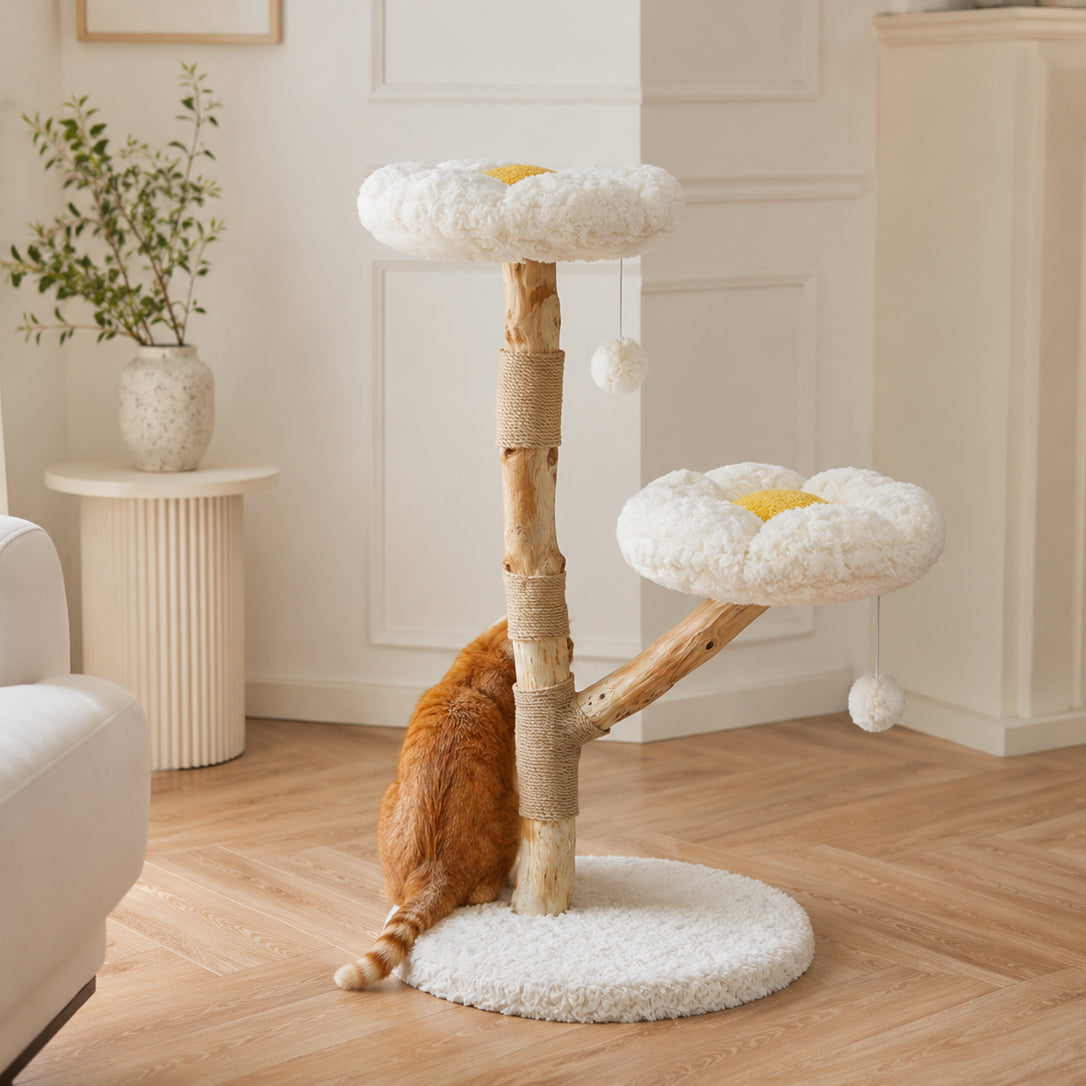 Arbre à chat floral avec plateformes en forme de fleurs, griffoirs et coussins