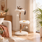 Arbre à Chat Design Floral en Bois Massif avec Griffoirs et Perchoirs
