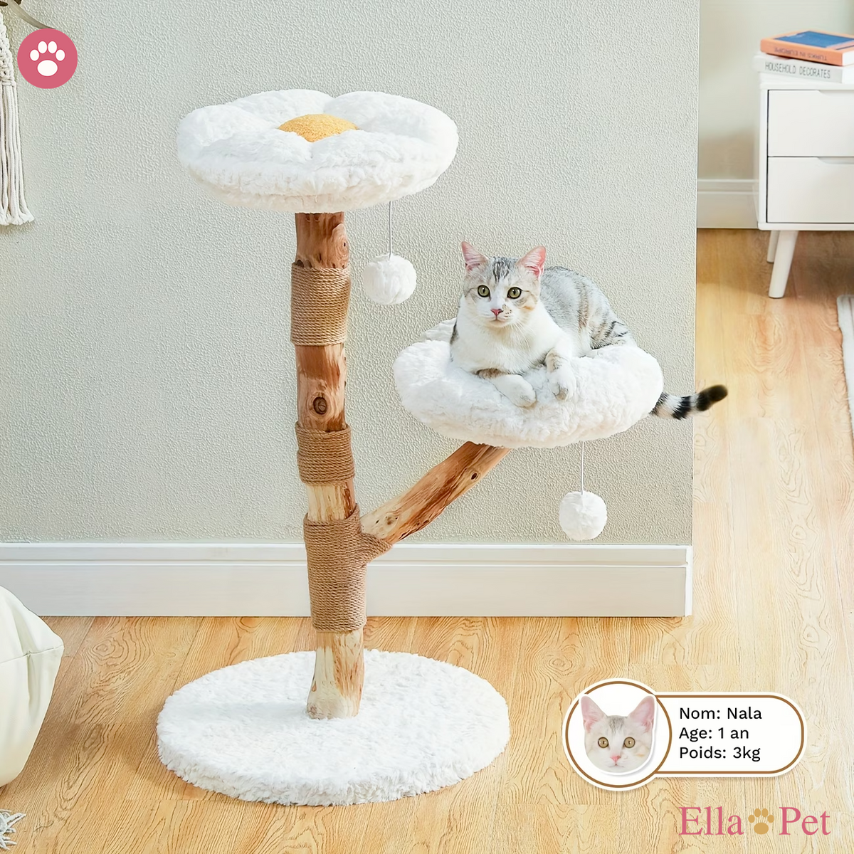Arbre à Chat Design Floral en Bois Massif avec Griffoirs et Perchoirs