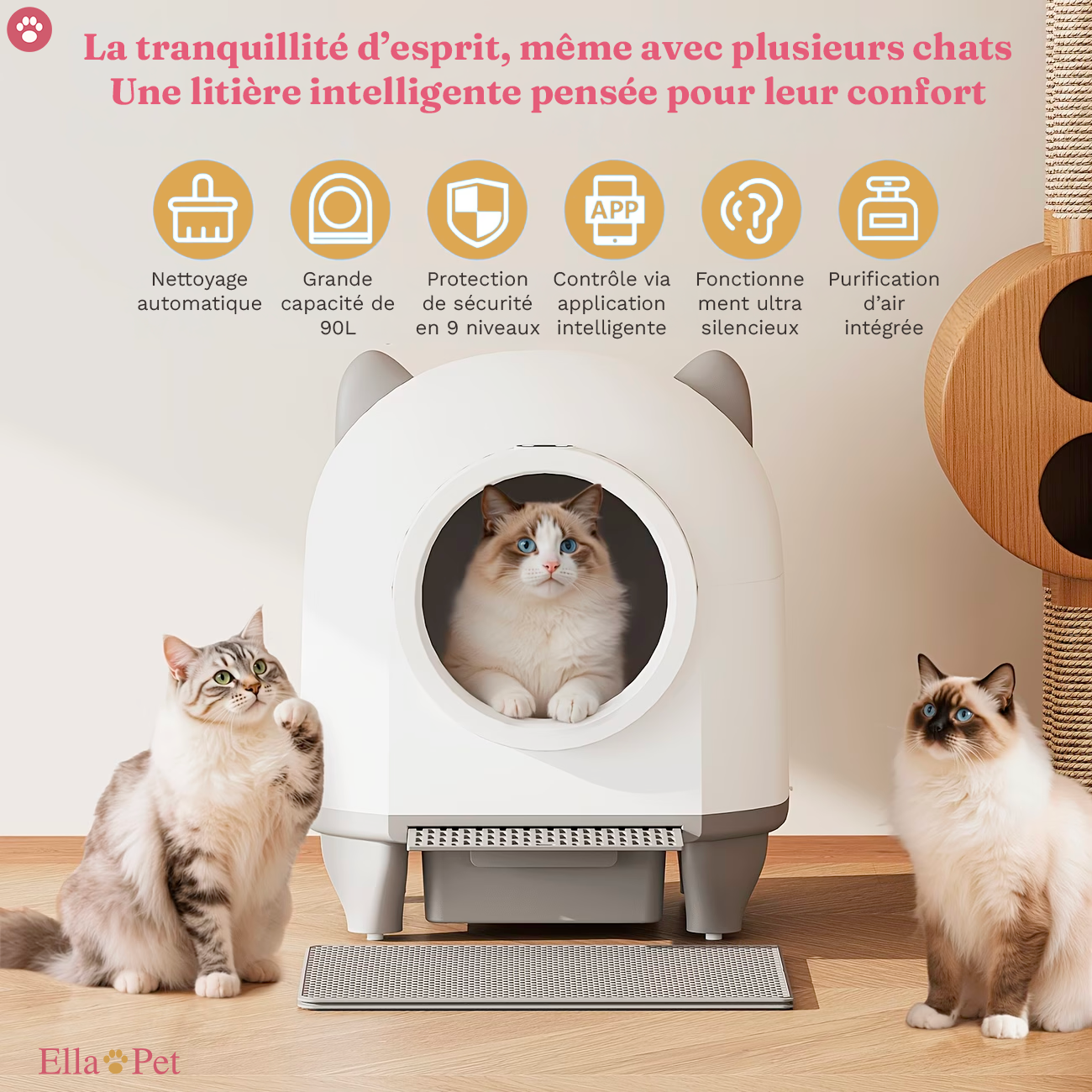 Bac à litière autonettoyant connecté XXL 90 L – DEVOKO