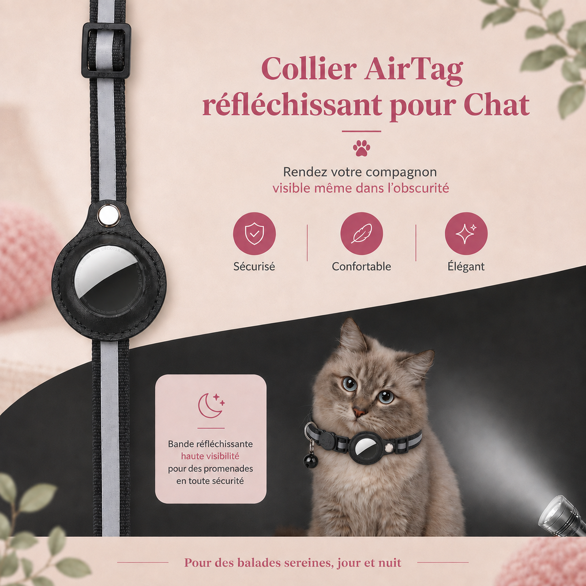 Collier pour Chat en Nylon avec Support AirTag - Sécurisé et Réfléchissant