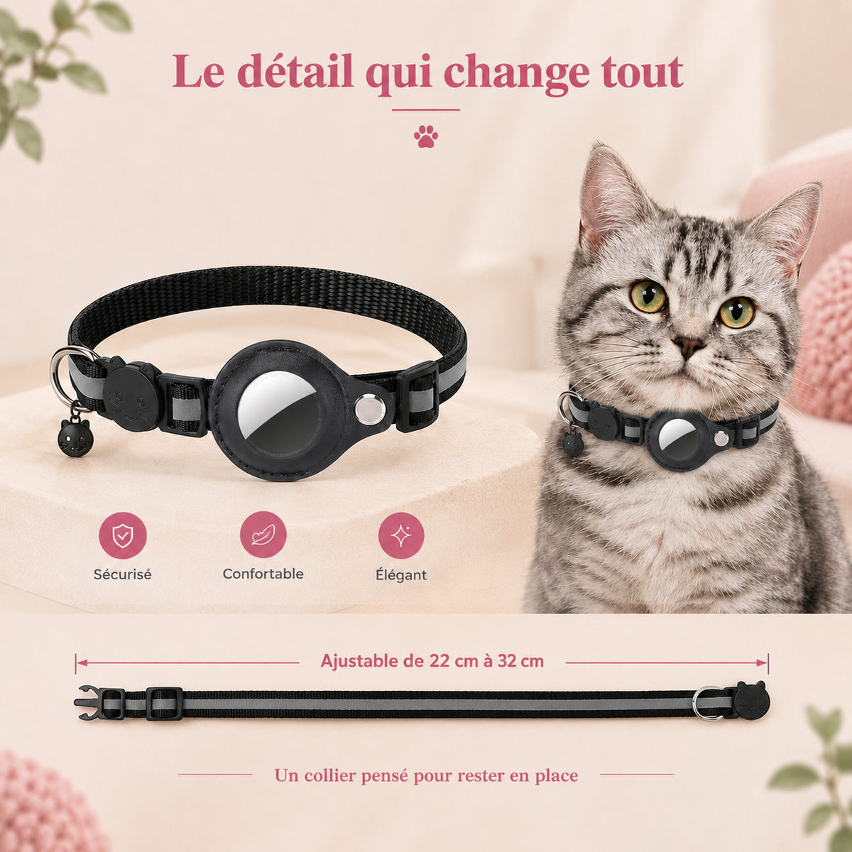 Chat portant le collier EllaPet équipé de sa boucle de sécurité