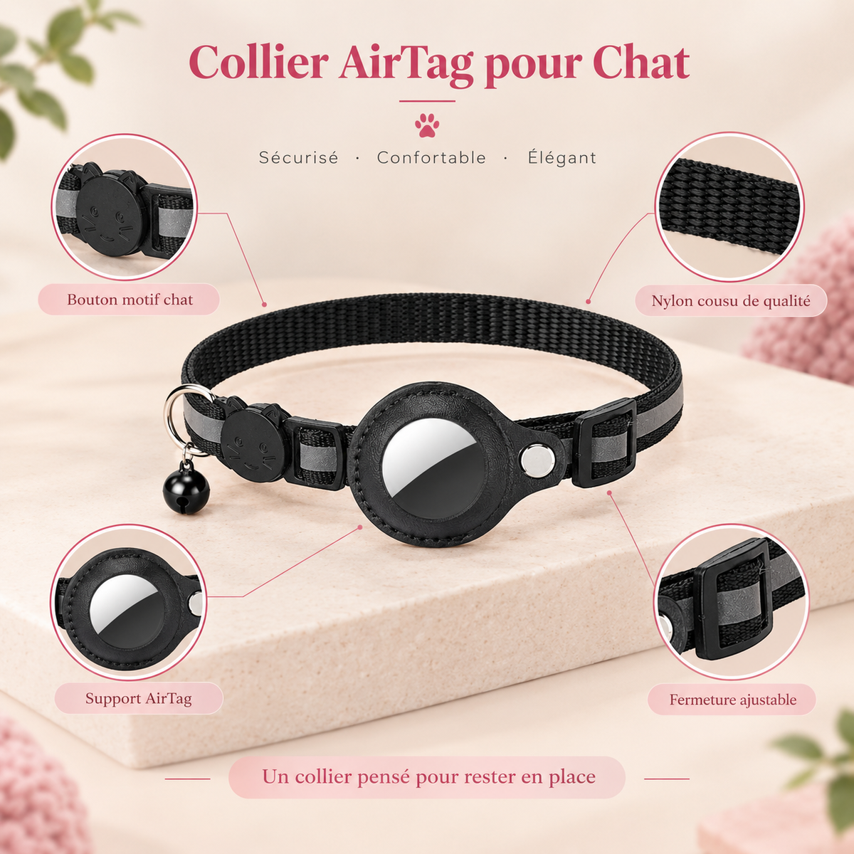Collier pour Chat en Nylon avec Support AirTag - Sécurisé et Réfléchissant